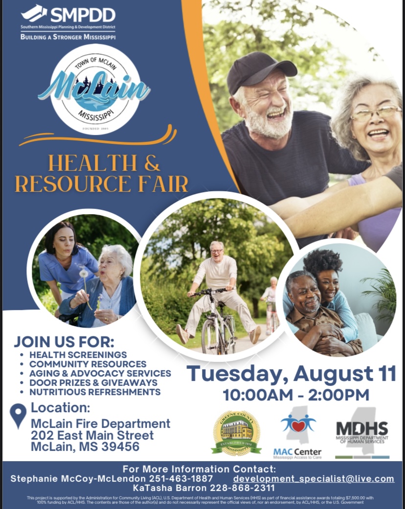 Promotional flyer for the McLain Health and Resources Fair featuring photos of older adults participating in everyday activities. The flyer includes the event date, time and location, with event details displayed in white, blue and orange text.
