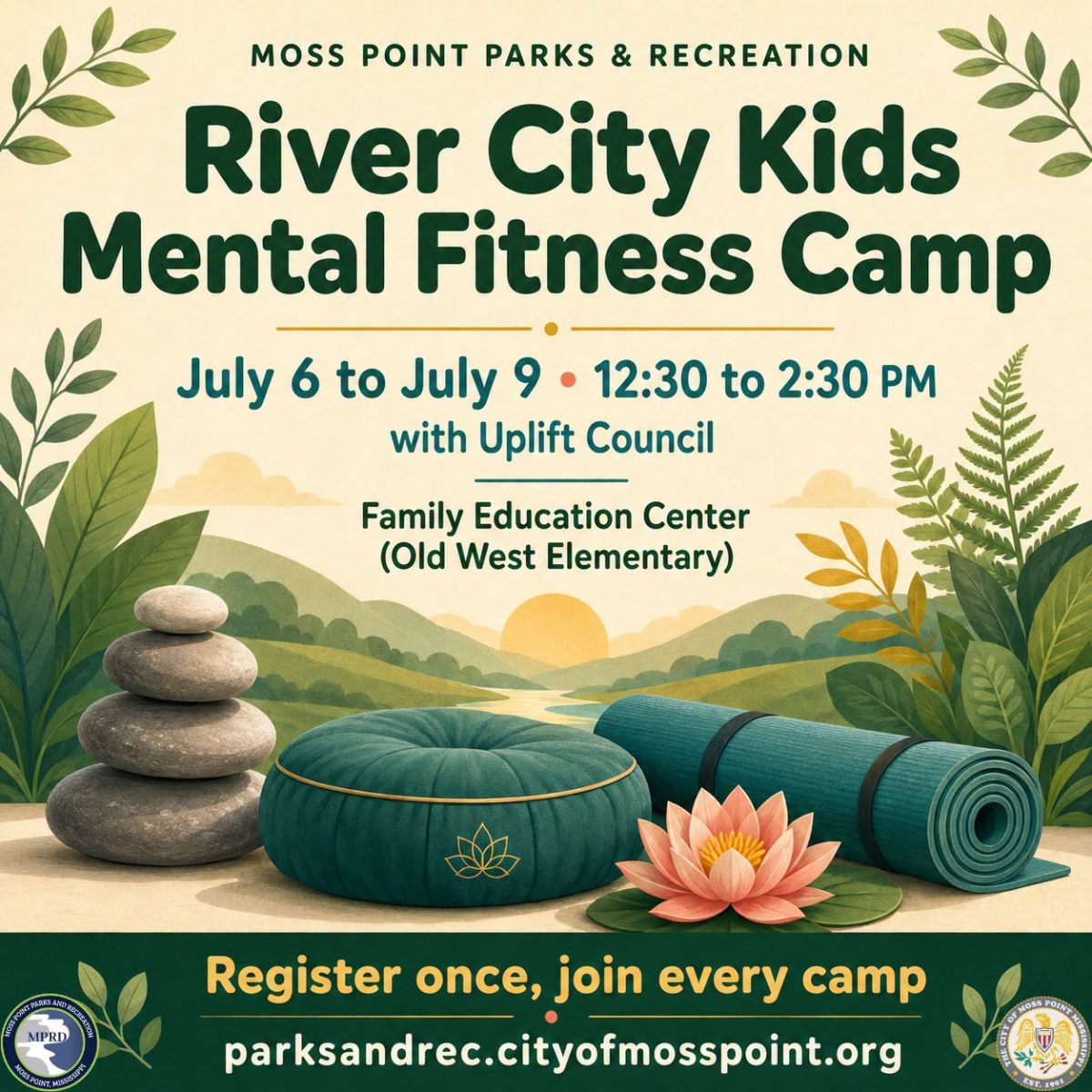 Promotional poster for the River City Kids Mental Fitness Camp featuring a lotus flower, yoga-themed graphics and a nature-inspired background. The poster includes the camp title, location, dates, times and registration information in shades of dark green and teal.