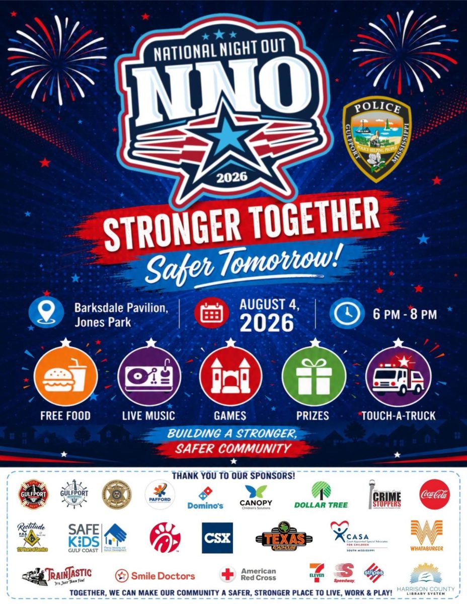 A red, white and blue National Night Out event poster with fireworks graphics lists activities, event details and community sponsors.