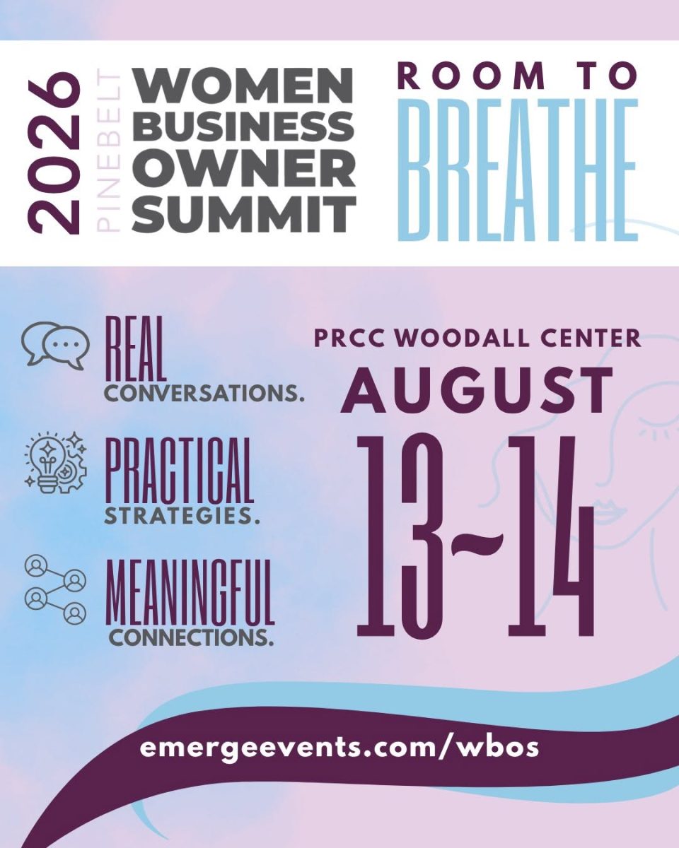 Flyer promoting the fourth annual Pine Belt Women Business Owner Summit. The flyer includes the event date, location and details in blue, pink, white and gray text.