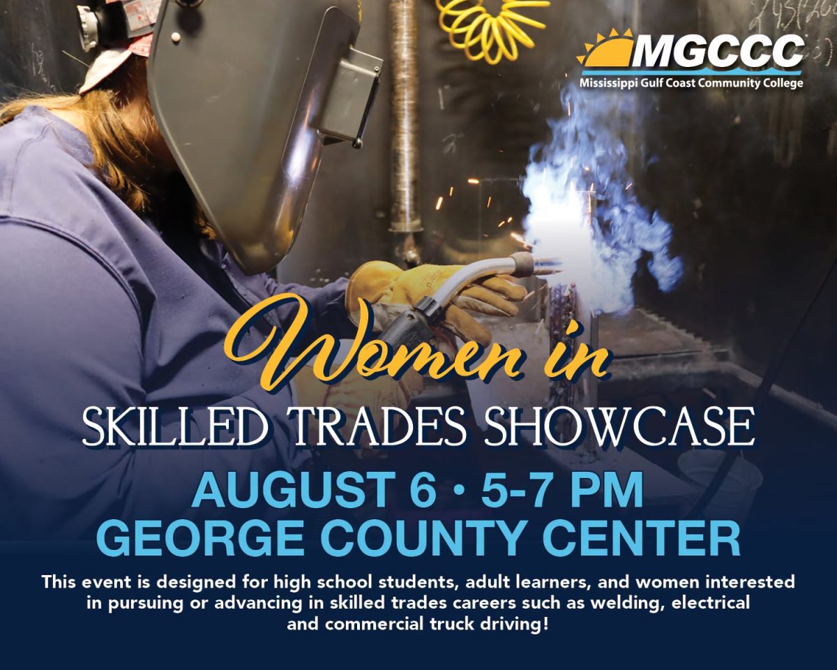 A close-up shows a person wearing protective welding gear using a welding torch inside a workshop. Blue smoke and sparks are visible as the flyer’s text advertises Mississippi Gulf Coast Community College’s Women in Skilled Trades Showcase.