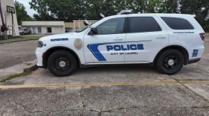 A Laurel Police Department patrol car is parked outside the department's headquarters in Laurel, Mississippi.