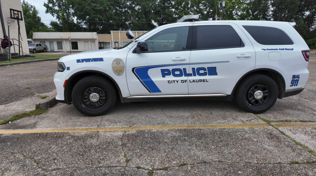 A Laurel Police Department patrol car is parked outside the department's headquarters in Laurel, Mississippi.